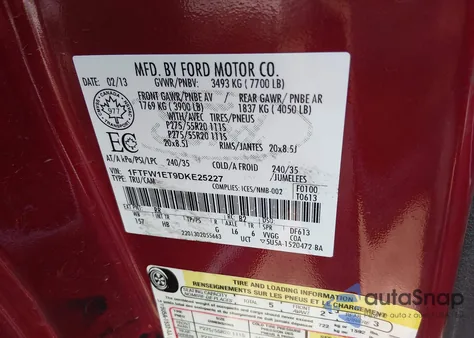 2013 Ford F-150 Lariat from USA, damaged, VIN 1FTFW1ET9DKE25227